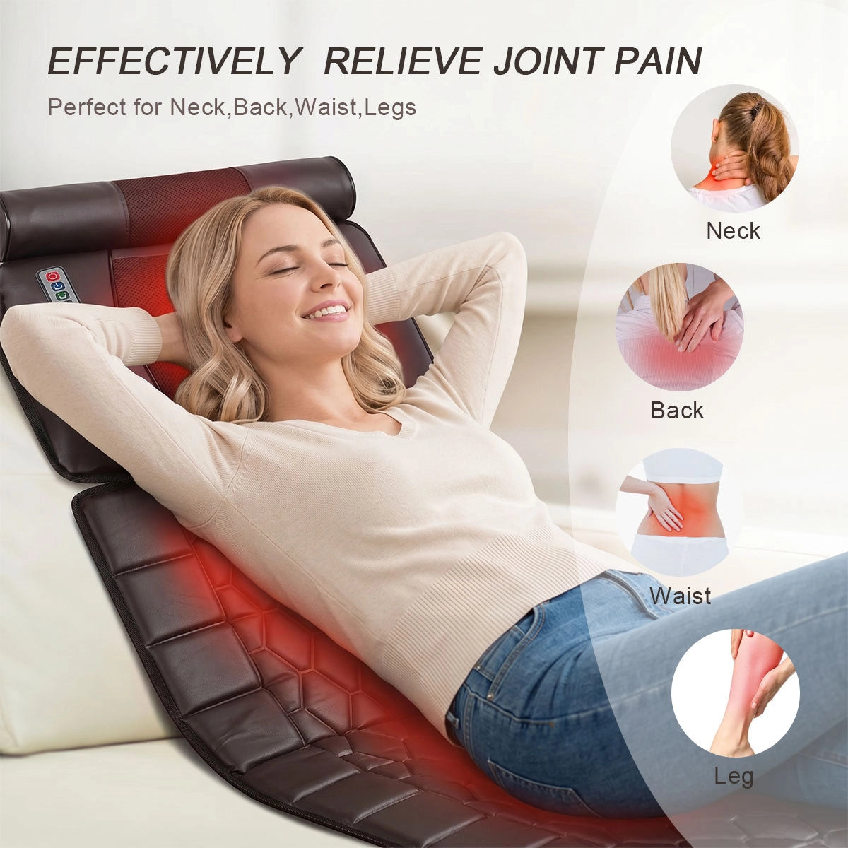 Bosscare C1 full-body massage pad showing neck, back, waist, leg and foot comfort zones