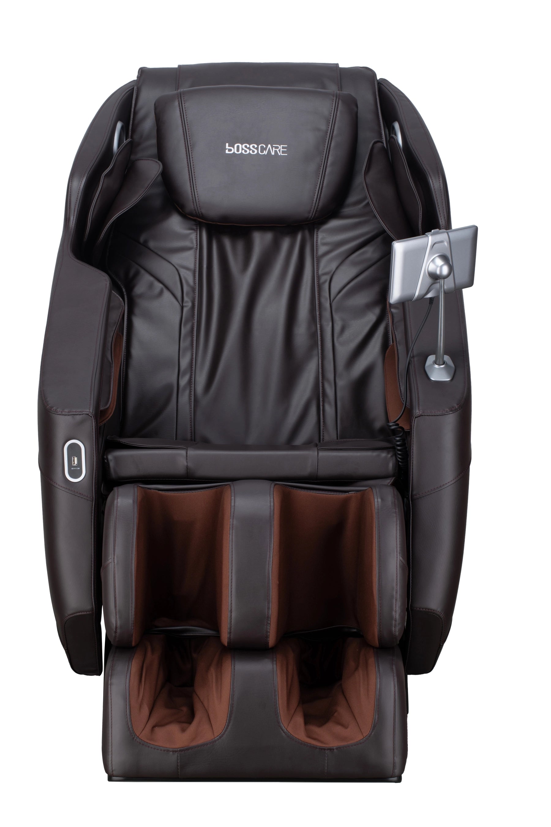 Front view of Bosscare GR8287 brown massage chair with foot and calf massage sections