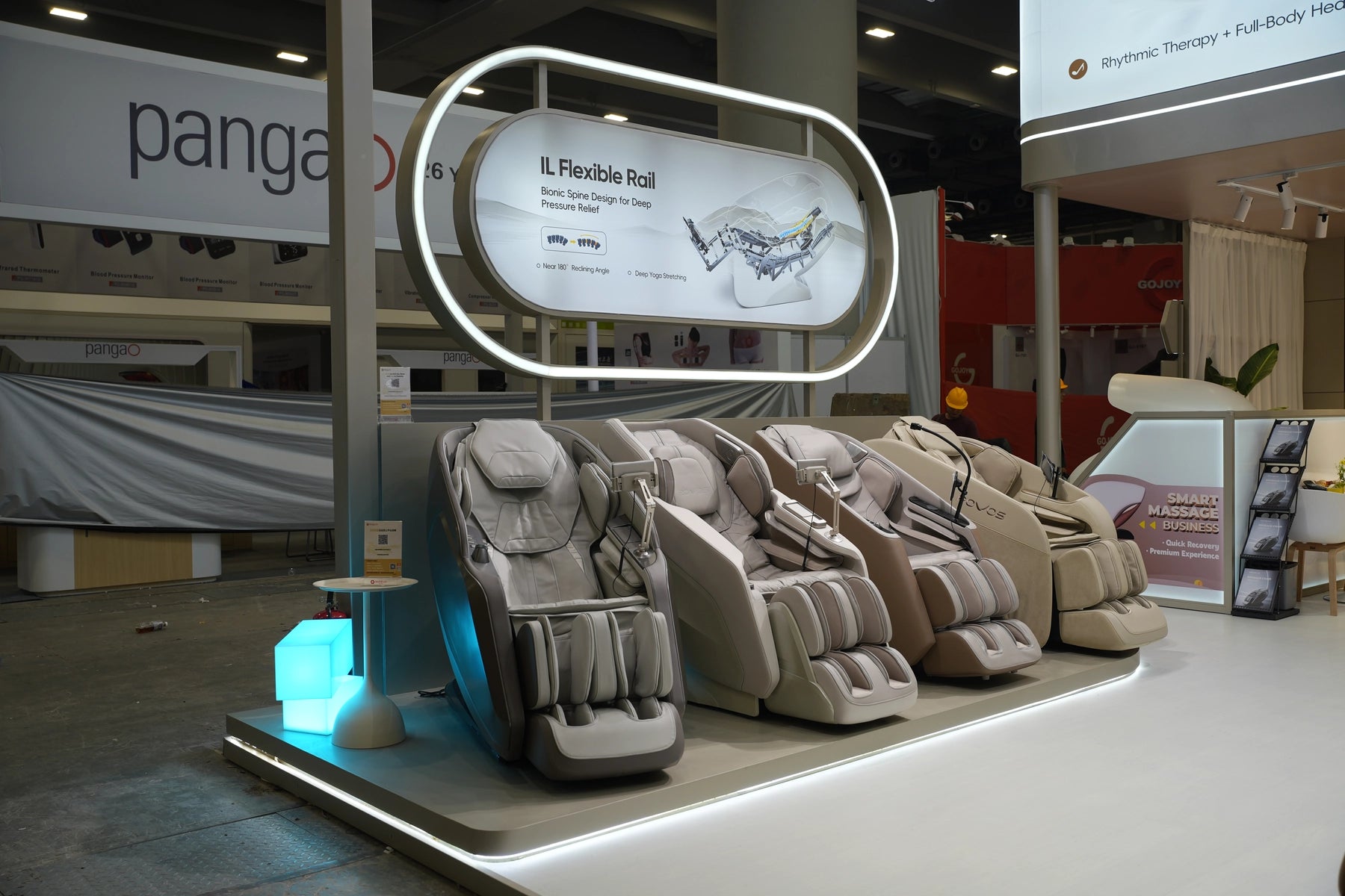 Bosscare massage chair exhibition booth with multiple models for dealer and distributor review