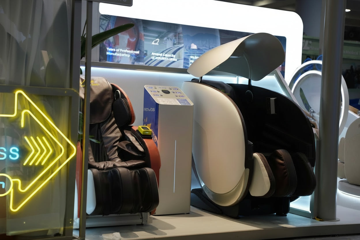 Bosscare massage chair live demonstration at exhibition booth for B2B product review