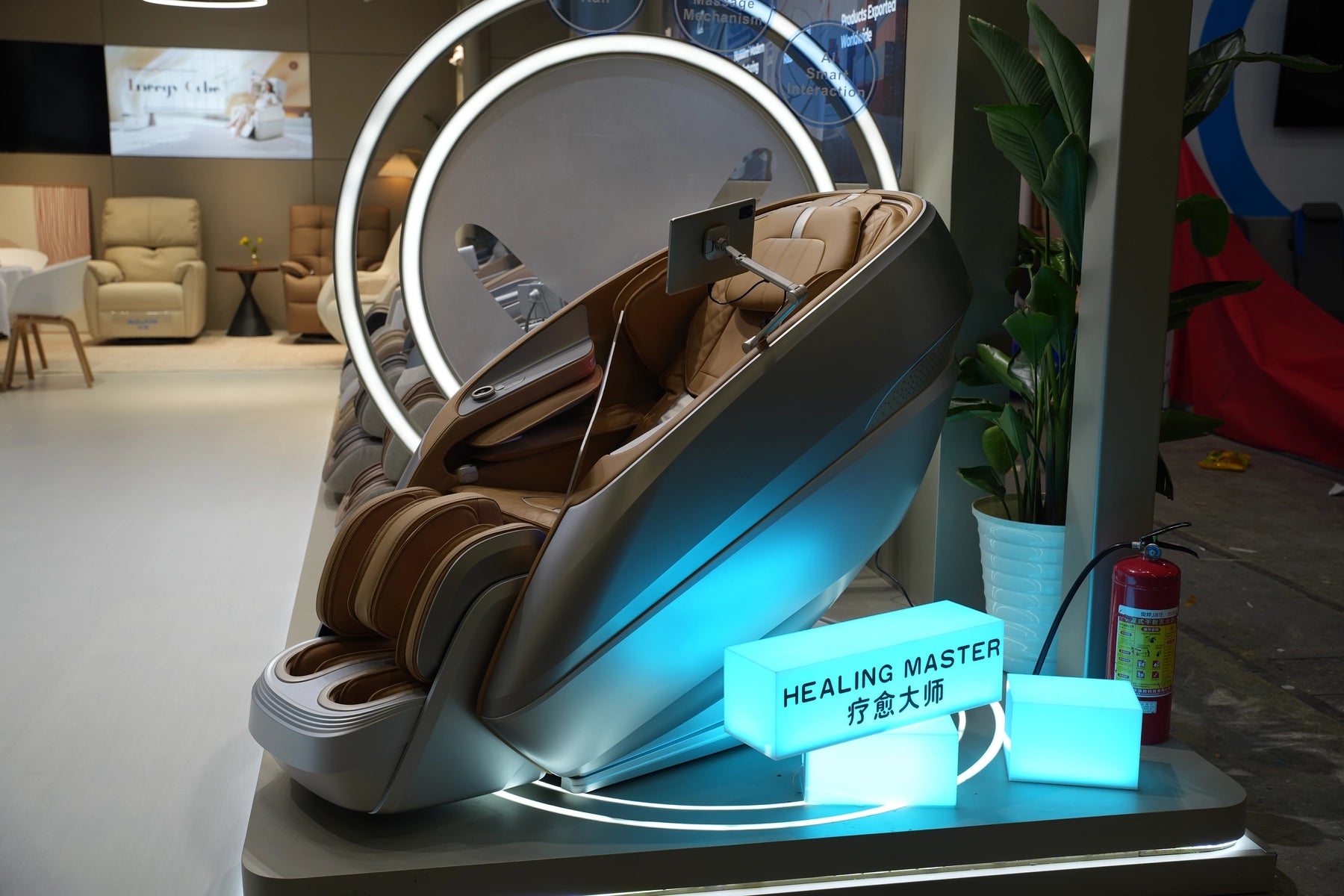 Bosscare massage chair feature display at trade show for product evaluation