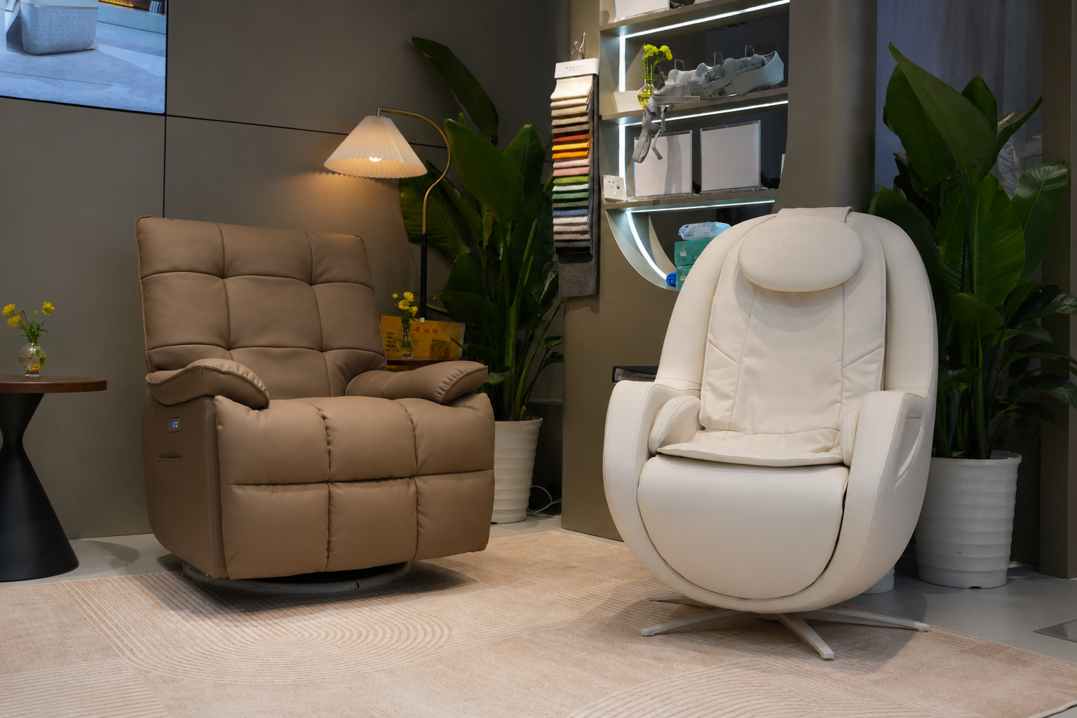 Bosscare recliner-style wellness chair exhibition display for retail buyers